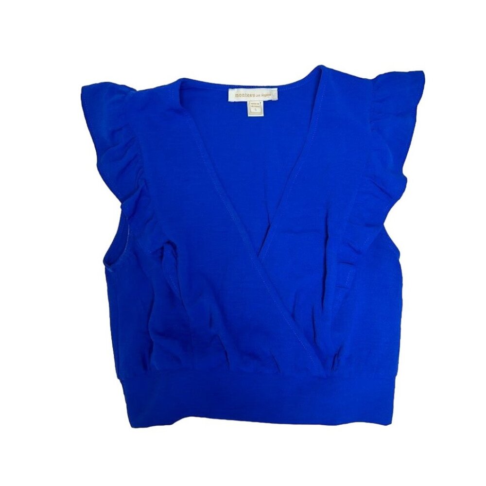 Monteau Los Angeles Women's Small Blue Sleeveless Ruffle Top‎ Size S
